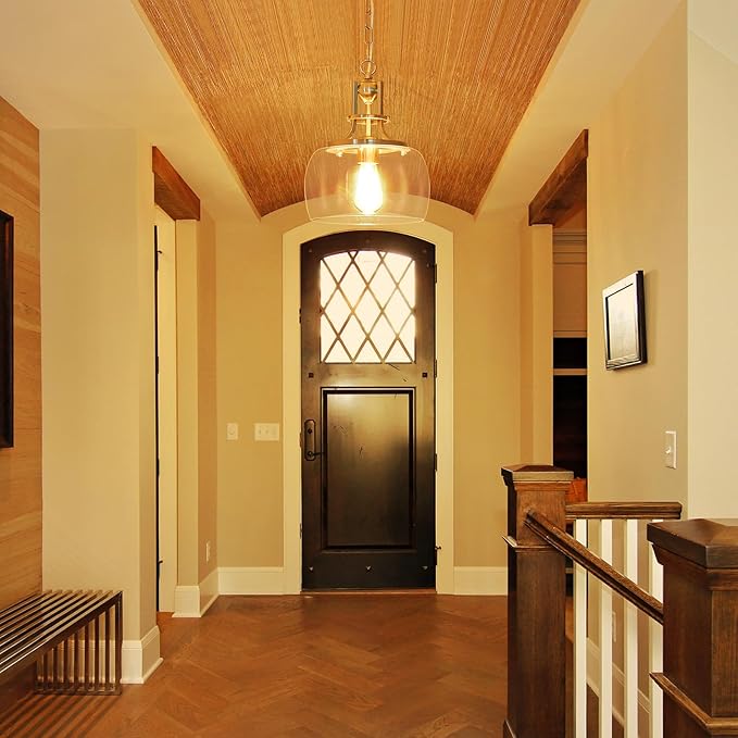 WUZUPS Chandelier Rustic Farmhouse Industrial Round Ceiling Pendant LED Light Fixture with Clear Glass Shades for Dining Room Kitchen Island Foyer Entryway, H 13" x W 10", E26 Base, Brushed Nickel