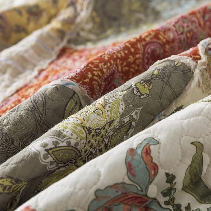 NEWLAKE Cotton Patchwork Bedspread, 3-Piece Bedding Quilt Set with Real Stitched Embroidery, Reversible Matelasse Bed Coverlet Set,Floral Paisley Grid with Lace,Queen Size