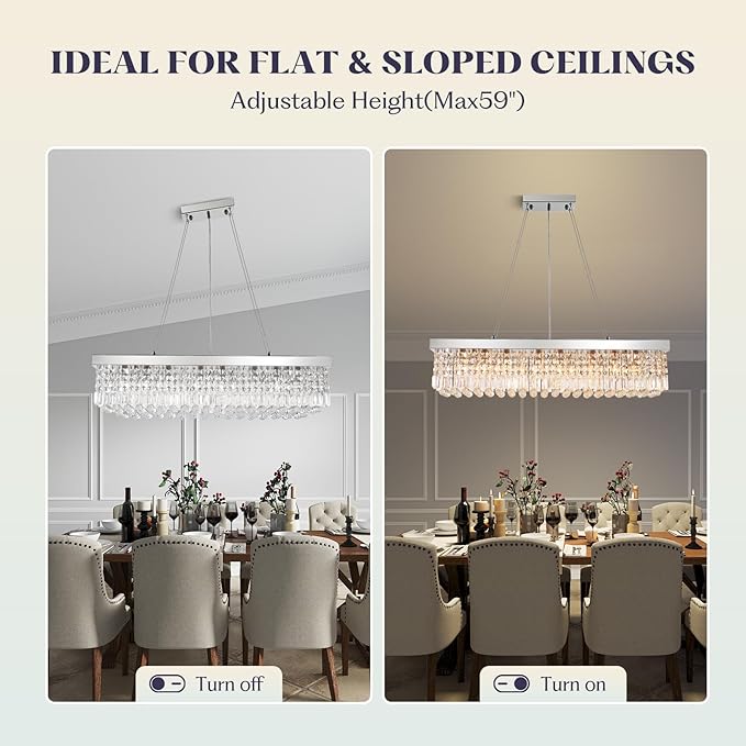 Modern Rectangular Crystal Chandeliers,8 Lights Rectangular Pendant Light Fixture,Adjustable Height K9 Crystal Chandelier for Dining Room L40''xW10''xH10''
