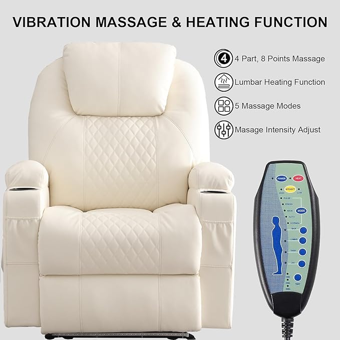 Power Recliner Chair with Heat and Massage, PU Leather Home Theater Seating with LED Lights/Cup Holders/Side Pocket/USB Port, Reclining Sofa Chair for Living Room (1, Beige)