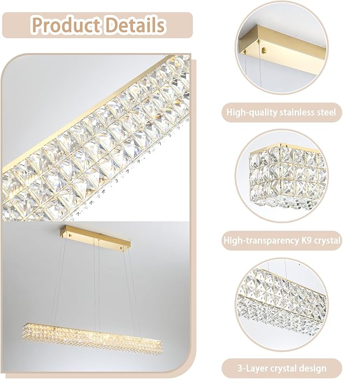 W48 Rectangular Gold Crystal Chandelier Modern Rectangle Pendant Ceiling Light Fixture for Living Room Dining Room Kitchen Island Bar