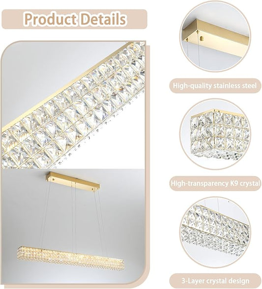 W48 Rectangular Gold Crystal Chandelier Modern Rectangle Pendant Ceiling Light Fixture for Living Room Dining Room Kitchen Island Bar