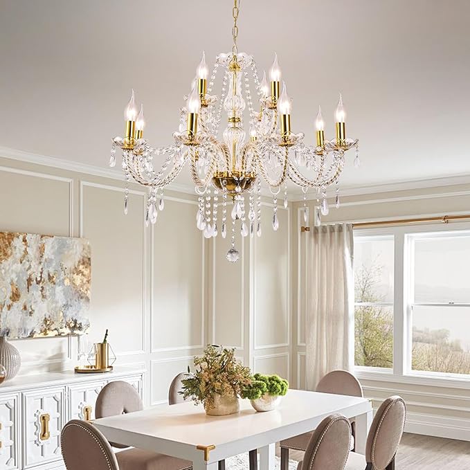 Modern Elegant 12 Lights K9 Crystal Glass Chandelier Golden Pendant Ceiling Lighting European Style for Dining Living Room Bedroom Transparent,12 E12 Bulbs Required