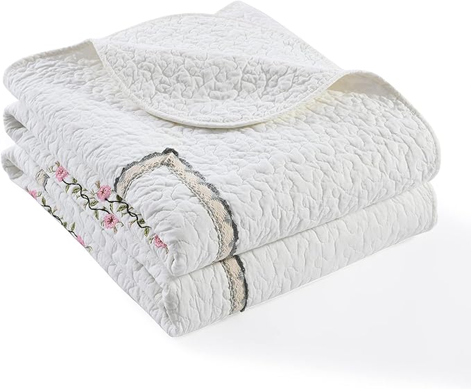 MarCielo 3-Piece 100% Cotton Oversized Bedspread Lightweight Quilt Coverlet Embroidery Farmhouse Bedding Set (Sakura White, Oversized King (118"x106"))