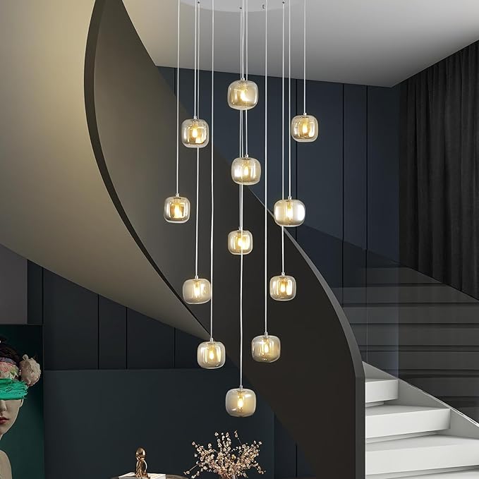 Flush Mount Chandelier,Crystal Pendant Light with 12 G9 LED Bulbs,Chandelier Hanging Flush Mount Lighting Fixtures for Spiral Staircase,Foyer,Entryway,Living Room(12 Lights,3000K)