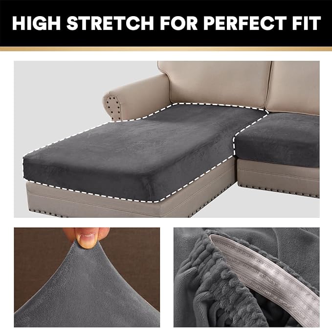 PrinceDeco Sectional Couch Covers 3 Pieces Velvet Sofa Covers L Shape Soft Couch Covers for Sectional Sofa Corner Sofa Cover Couch Cover for Dogs Washable (2 Seater + 1 Chaise,Grey)
