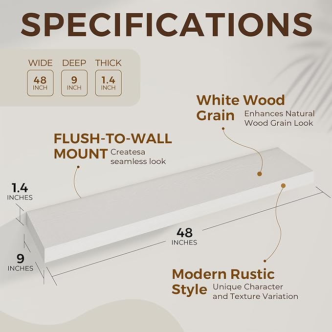 48 inch Floating Shelves for Wall Large Wall Mounted Shelves with Invisible Brackets, White Long Shelves for Bathroom, Living Room, Kitchen, Office, 48x9.1 inch deep Set of 2
