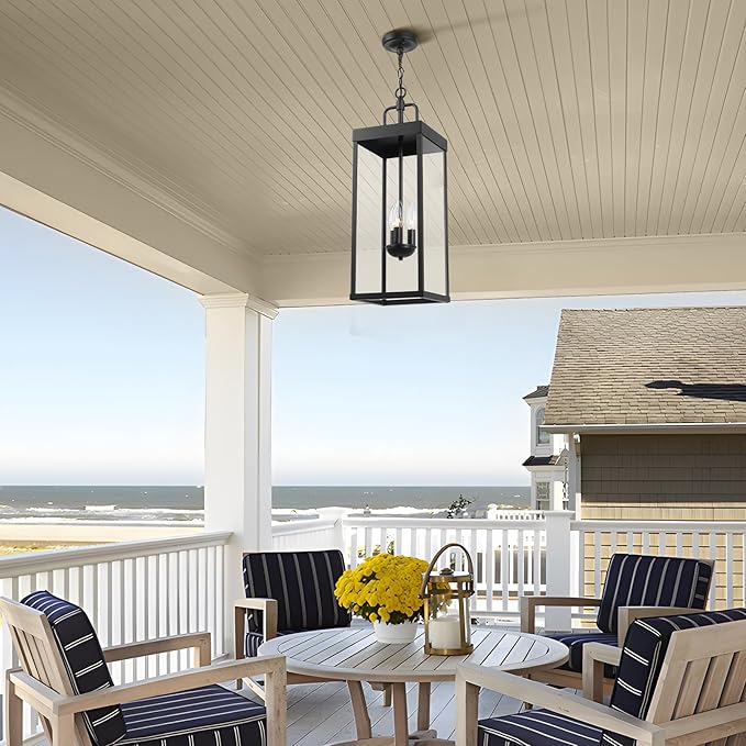 Large Outdoor Pendant Lantern Light Fixture for Front Porch, 24 Inch 3-Light Black Exterior Hanging Chandelier with Clear Glass, Outdoor Indoor Pendant Lamp for Patio, Gazebo, Entryway, Doorway