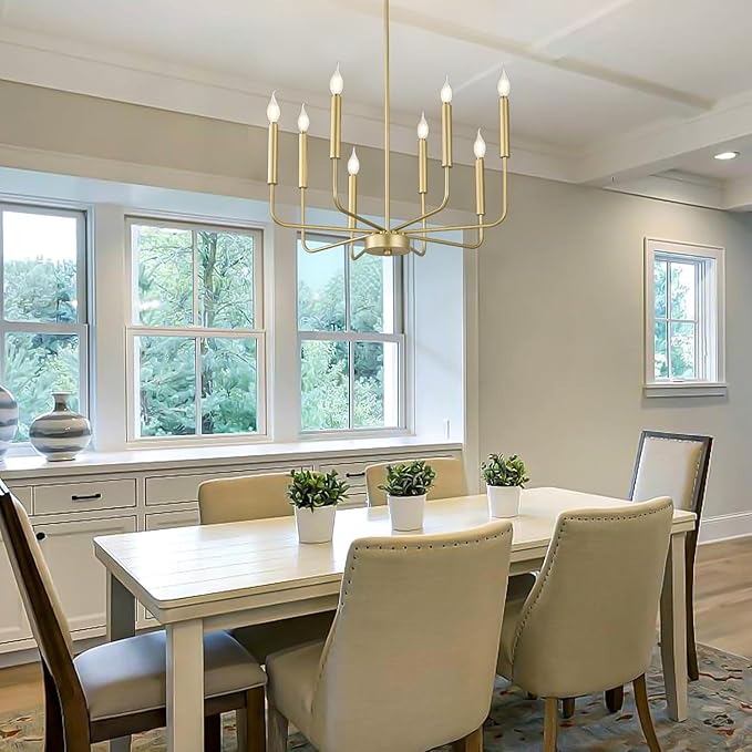 Modern Gold Farmhouse Chandeliers, 8-Light Industrial Metal Chandelier Lighting, Classic Candle Hanging Pendant Light Fixtures for Kitchen Bedroom, Dining Room, Living Room,Foyer