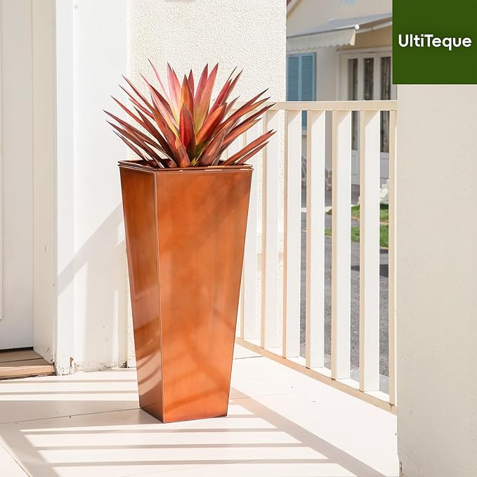 28in Tall Metal Copper Square Planter Galvanized Steel Metal Planters for Indoor/Patio Deck Garden Entrance Planter