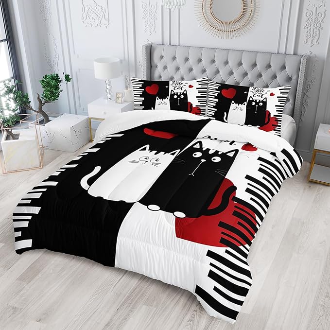 Kawaii Pet Cat Themed Comforter 3Pcs Queen Lover's Kitten Animal Bedding Set for Cat Lover Kid Teen Girl Boy Black White Cat Heart Pattern Quilt Bed Decor with 1 Comforter and 2 Pillowcases