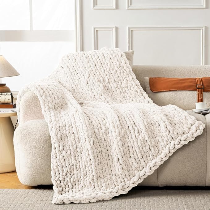Ultra Soft Chunky Knit Blanket Throw -40x50 Hand Knitted Warm Chenille Throw Blanket, Home Decor Soft Thick Yarn Cable Knit Blanket Breathable Fleece Banket Christmas for Couch Bed Sofa Best GIF