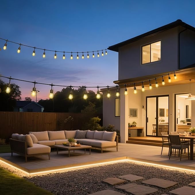 Outdoor Safety String Lights 150FT - 24V 20W Commercial Grade Low Voltage Strand with 60 S14 Shatterproof Bulbs for Tree Garden Yard Cafe Bistro | Warm Yellow 3500K | IP65 Waterproof | UL Listed