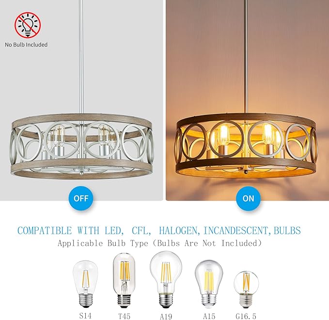 XINGQI 21.7'' Modern Farmhouse Chandelier Drum Pendant Lighting Fixture Hanging Ceiling Lamp for Living Dining Room Over Table, 5 Lights Antique Wood Grain Brushed Nickel with Round Metal