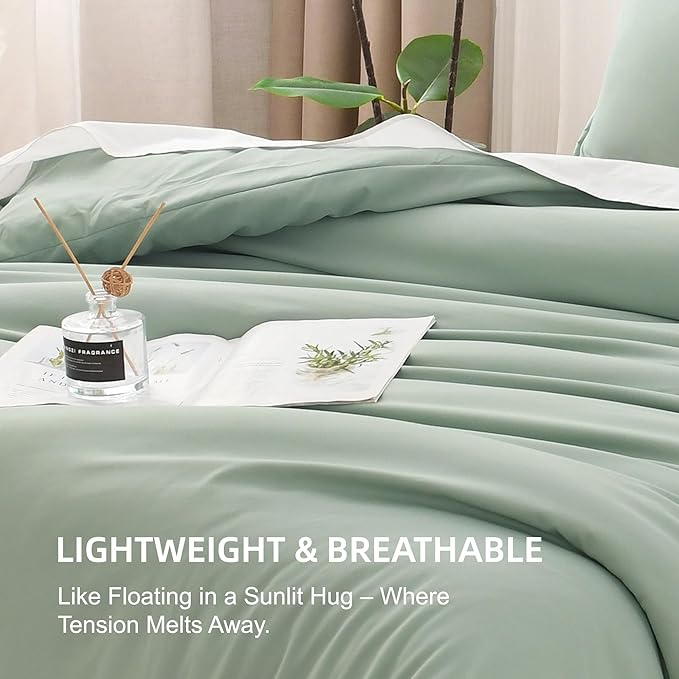 Litanika Oversized King Comforter Set 120x98, 3 Pieces Sage Green Lightweight Solid Bedding Set, All Season Fluffy Bed Set Quilt Blanket (1 Comforter & 2 Pillowcases)