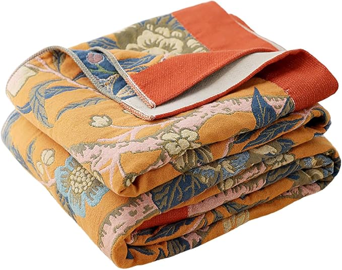 Boho Muslin Blanket for Adults 4-Layer Gauze 80 x 90 Inches Soft Cozy 100% Cotton Summer Cooling Blanket Floral Decor for Sofa Bed Coverlet Both Sides (Flowr Branch Orange, 80 x 90 in)