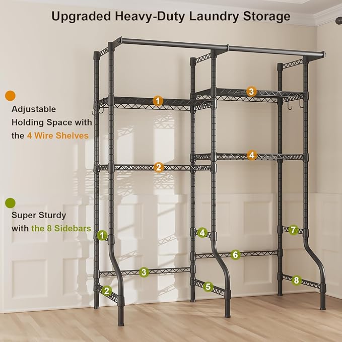 U14 Over Washer and Dryer Storage Shelves, 4 Tiers Laundry Room Storage and Organizer System, Space Saving Clothes Drying Rack with 2 Clothes Hanger Rods, 66.5" W x 20.5" D x 77.4" H, Black