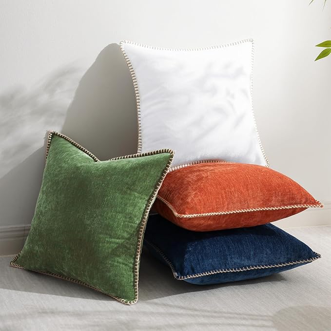 decorUhome Fall Chenille Soft Throw Pillow Covers 12x20 Set of 2, Lumbar Velvet Farmhouse Neutral Decorative Euro Pillow Covers with Stitched Edge for Couch Sofa Bed Home Decor, Forest Elf