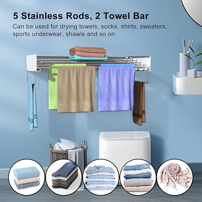 Wall Mounted Drying Rack, Foldable Laundry Rack, Collapsible Drying Rack, 5 Stainless Rods, Wall Mounted Clothing Rod with 2 Towel Bar, 90 lb Capacity, 31.5" White