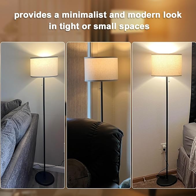 Ambimall Modern Standing Floor Lamp for Living Room & Bedroom with 3 Color Temperatures Bulb & Pull Chain Switch, 60" Tall with Beige Shade & Black Pole