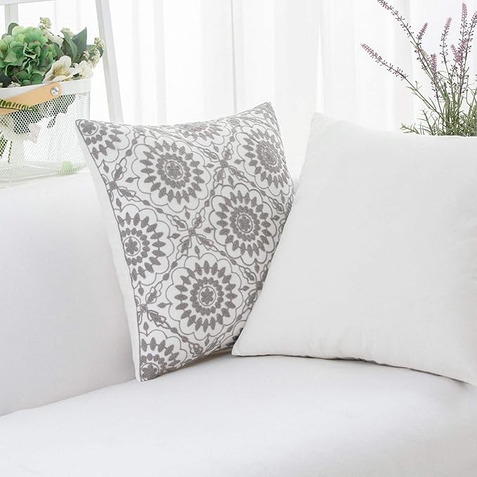 HWY 50 Gray Grey Decorative Throw Pillow Covers 18x18 Inch, Pack of 2 Embroidered Cotton Farmhouse Cushion Cover Pillow Case for Sofa Couch Living Room Bed Bedroon, Little Sunflower Design