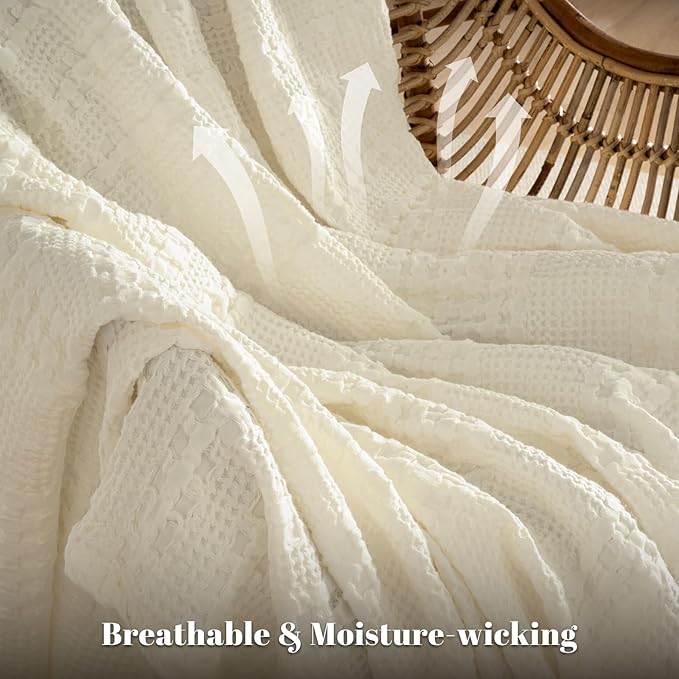 PHF 100% Cotton Waffle Weave Blanket King Size, Soft Lightweight Breathable Cozy Summer Blankets for Bed, Luxury Aesthetic Woven Bedding for Home Decor, 108"x90", Cannoli Cream