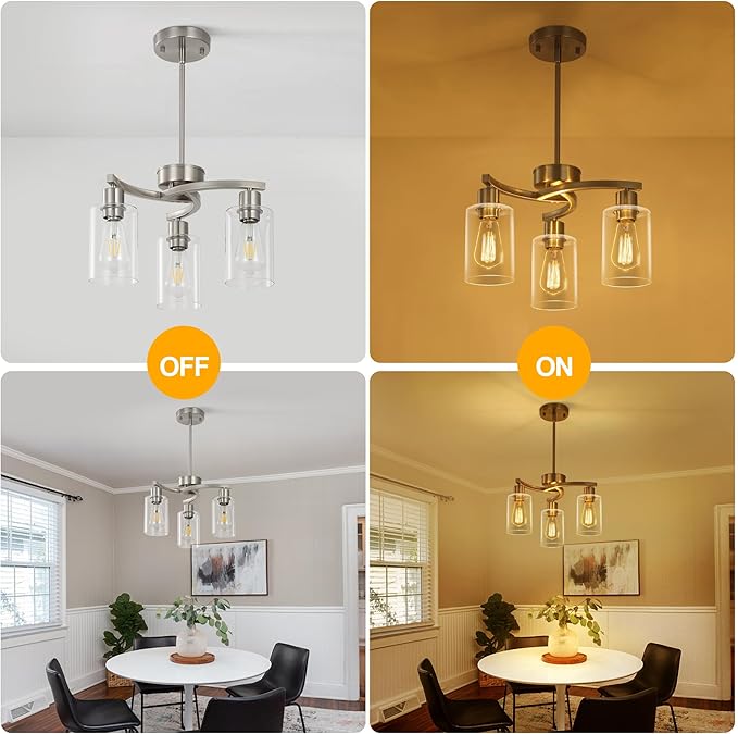 3-Light Brushed Nickel Pendant Lighting for Kitchen Island, Hanging Dining Room Light Fixtures Over Table, Industrial Chandelier for Entryway Hallway Foyer Bedroom, Clear Glass Shade