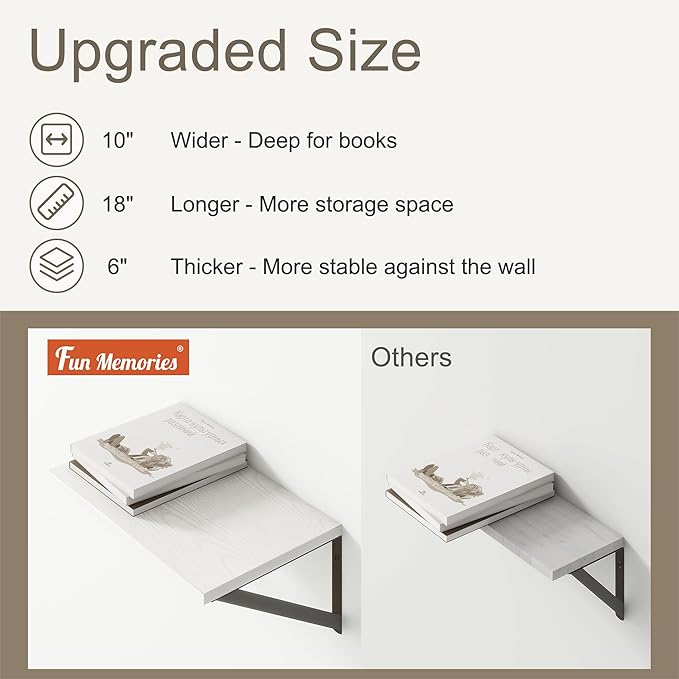 Fun Memories White Floating Shelves 18 Inch Long, Rustic Floating Shelf with Brackets, 10 Inch Deep Wall Shelves, White Bathroom Shelves, 18 x 10 Storage Shelf for Kitchen, Living Room, Set of 2