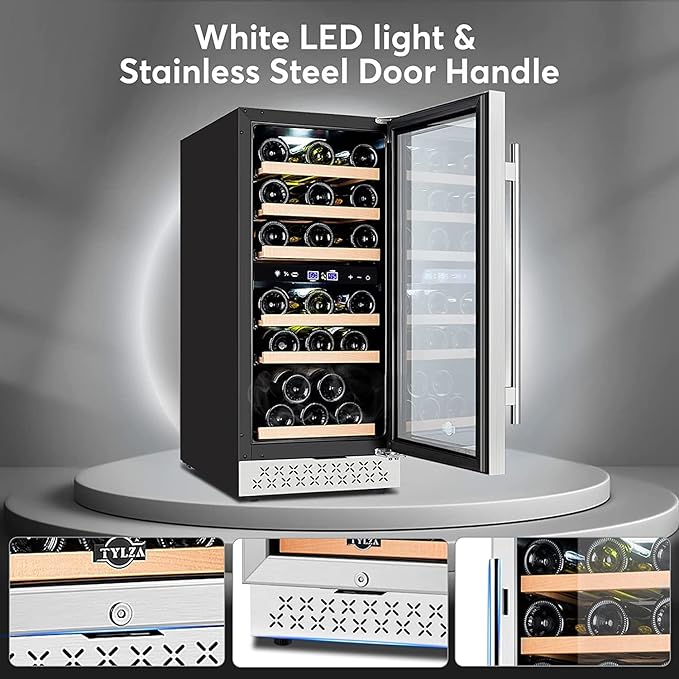 Tylza Mini Fridge 15 Inch Wine Cooler Under Counter, 33 Bottle Dual Zone Wine Fridge with Stainless Steel, Wine Refrigerator Freestanding, Built-in Wine Cellars