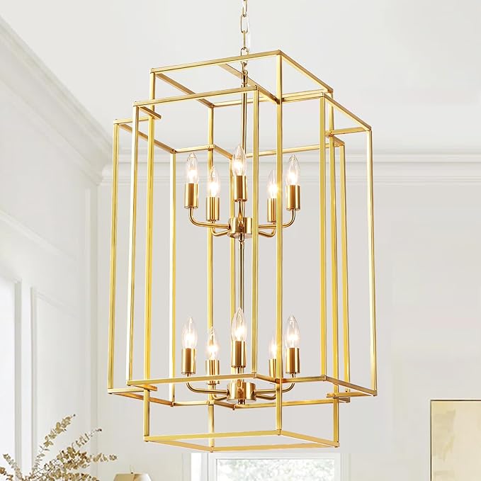 30" Farmhouse Gold Chandelier, 10-Light Foyer Lighting Fixtures, Lantern Tiered Pendant Light Fixtures, Metal Rustic High Ceiling Chandelier for Dining Room Entryway Staircase