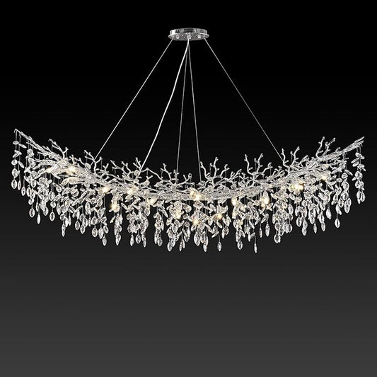 Modern Crystal Silver Chandelier,72" Large Rectangular Chandeliers for Dining Room, Tree Branch Crystal Lving Room Chandelier,Dining Room Over Table Chandelier,Fixture Height-Adjustable