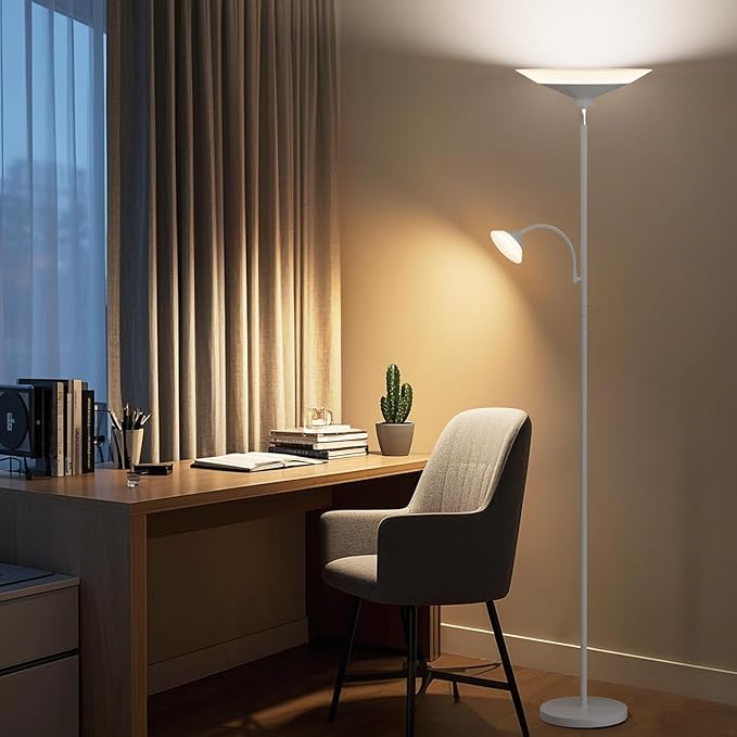 Sliver Gray Torchiere Floor Lamp with Reading Light, 4 Color Temperatures, Dimmable & Individual Light Control Standing Lamp, 34W Bright Tall Lamp with Remote for Living Room Bedroom Office