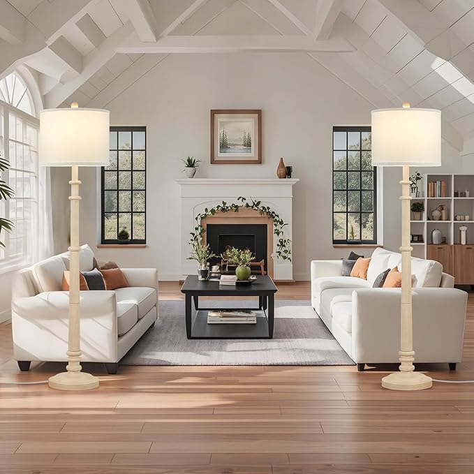 Floor Lamps for Living Room - 60" Resin Farmhouse Floor Lamp with 3 Color Temperatures - Vintage Standing Lamp Reading Light with Linen Shade Rustic Tall Lamp for Bedroom Office, Oatmeal Wash