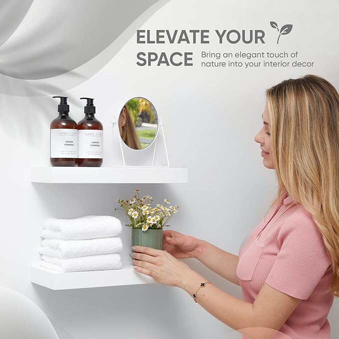 Homeforia White Floating Shelves 16 inch, High End Solid Real Wood 16inch Bathroom Floating Shelf for Wall Mounted, White Wooden 16 Floating Shelves, Heavy Duty Bracket, 16 X 6.5 X 1.75 inch, Set of 3