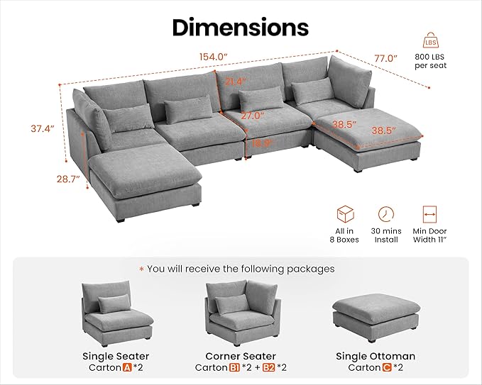 Oversized Modular Sofa, Extra Deep Cloud Chenille Sectional Couch with Ottoman Chaise, Fluffy Chenille 6 Seat U-Shaped Sofa for Living Room, Villa (U Shape 6 Seater, Chenille Grey)