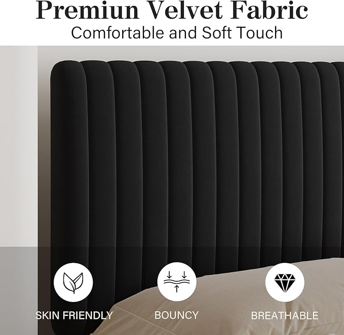 King Size Bed Frame, Velvet Upholstered Platform Bed with Vertical Channel Tufted Headboard and Footboard, No Box Spring Required, Easy Assembly, Black