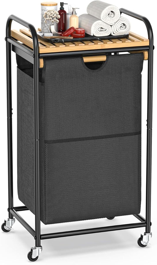 Laundry Hampers 1 Section, Laundry Sorter with Removable Shelf and Pull-Out Bags, Clothes Hampers with Wheels Rolling Cart Basket for Laundry Room Bathroom, 50 L (Black)