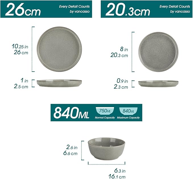 vancasso ANYA 18 Pieces Plates and Bowls Set, Stone Grey Dinnerware Sets, Reactive Glaze Dishes Set for 6, Ceramic Dishware Sets Kitchen Dinner Set, Microwave & Dishwasher Safe
