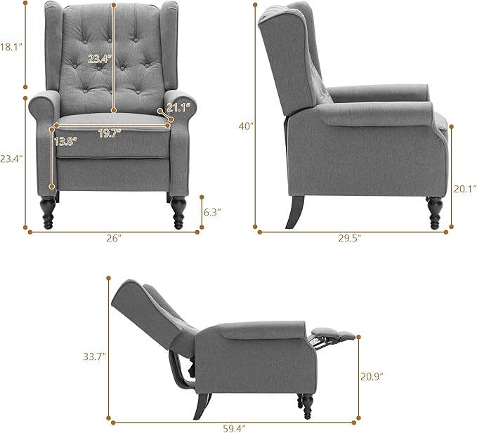 Mid Century Wingback Recliner Chair for Adults, Modern Linen Fabric Push Back Recliner Chairs with Button Tufted Upholstered Back & Footrest, Manual Recliner Chais for Living Room, Nursery, Gray