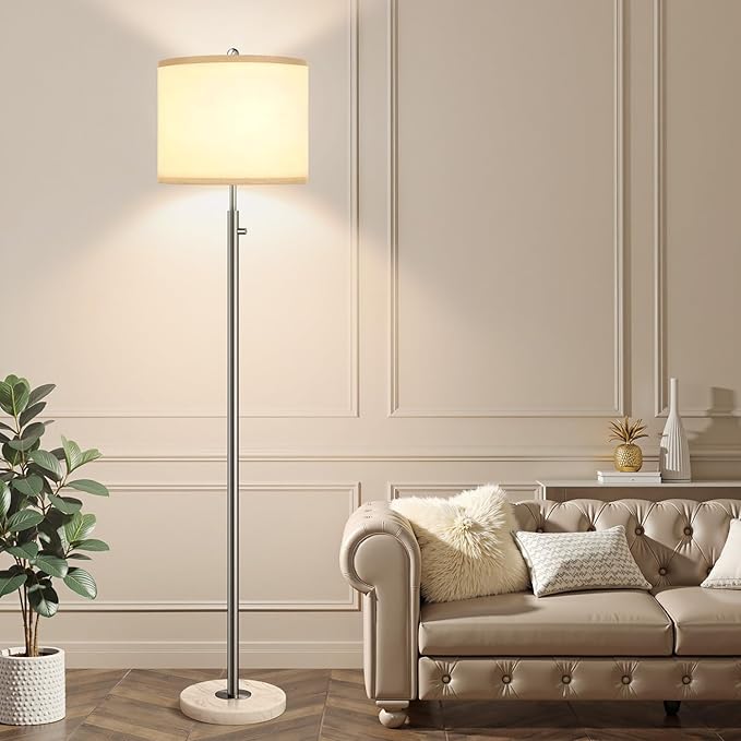 【Upgraded】 Dimmable Floor Lamp for Living Room, 11W LED Bulb Included, Modern Standing Lamp with Marble Base, Tall Pole Light with Linen Shade for Bedroom Reading Office Corner Nursery-Brushed Nickel