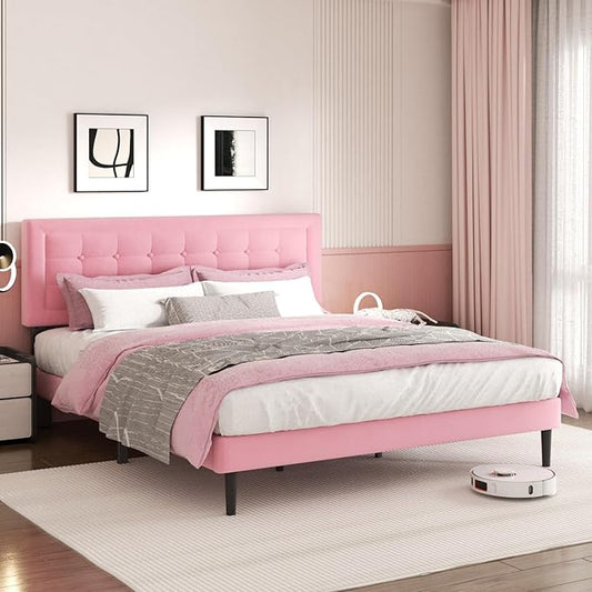 King Size Bed Frame with Headboard, Platform Bed Frame with Velvet Upholstered Button Tufted Headboard, Wood Slats Support, No Box Spring Needed, Mattress Foundation, Easy Assembly, Pink