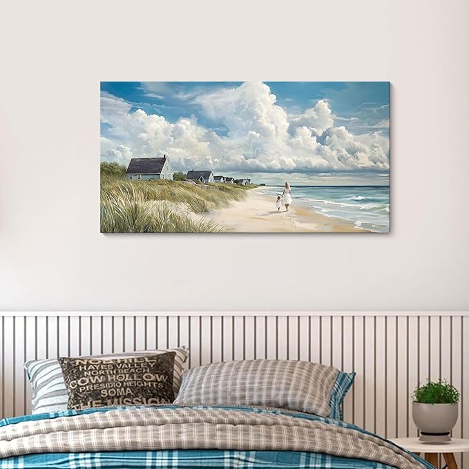 HGUAOA Coastal Canvas Wall Art - Large Landscape Wall Art for Living Room - Ocean and Beach Painting - Blue Artwork for Bedroom Decor - Above Bed Wall Pictures -Beach Theme Print Art
