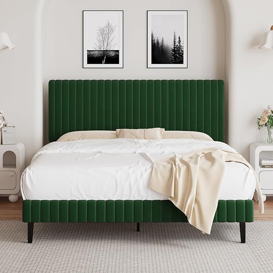 Queen Size Bed Frame, Velvet Upholstered Platform Bed with Vertical Channel Tufted Headboard and Footboard, No Box Spring Required, Easy Assembly, Green