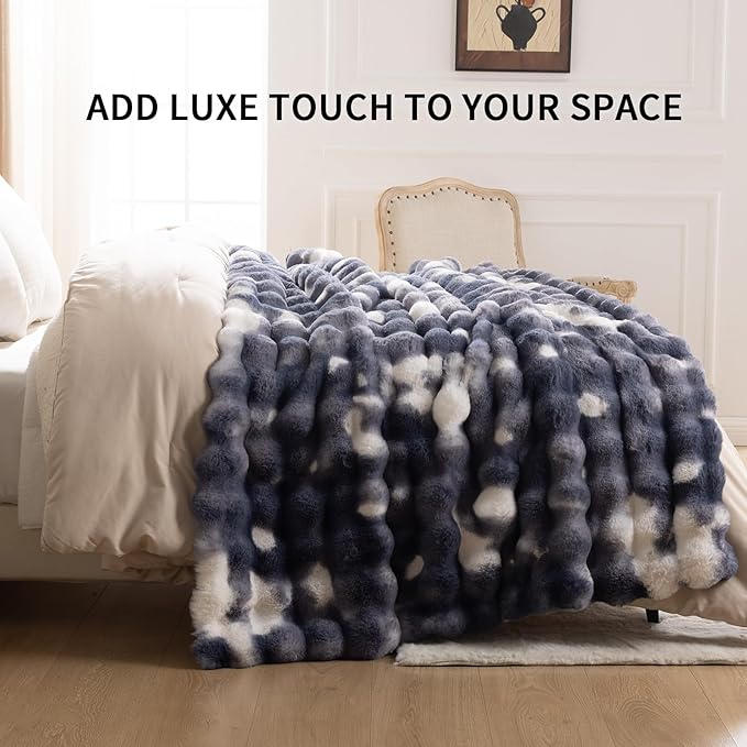 Cozy Faux Fur Throw Blanket for Bed Warm Fuzzy Throw Blanket, Soft Plush Thick Bubble Blankets for Bedroom and Living Room, Furry Luxury Blanket, 60 x 80,Tie-Dye Blue