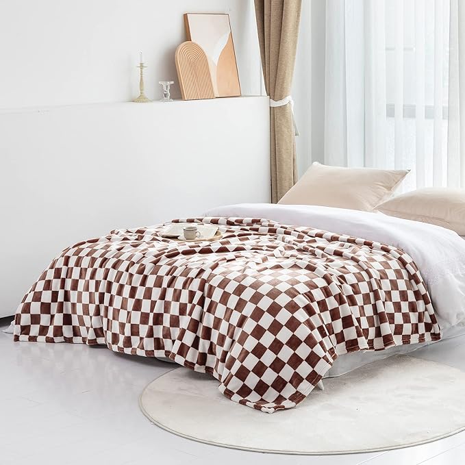 LOMAO Throw Blankets Flannel Blanket with Checkerboard Grid Pattern Soft Throw Blanket for Couch, Bed, Sofa Luxurious Warm and Cozy for All Seasons (Coffee, 50"x60")
