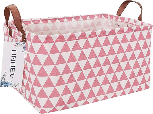 Rectangular Fabric Storage Box, Decorative Basket and Finishing Basket with Handle are Used for The Storage of Clothes, Books and Sundries(Pink Triangle) 1