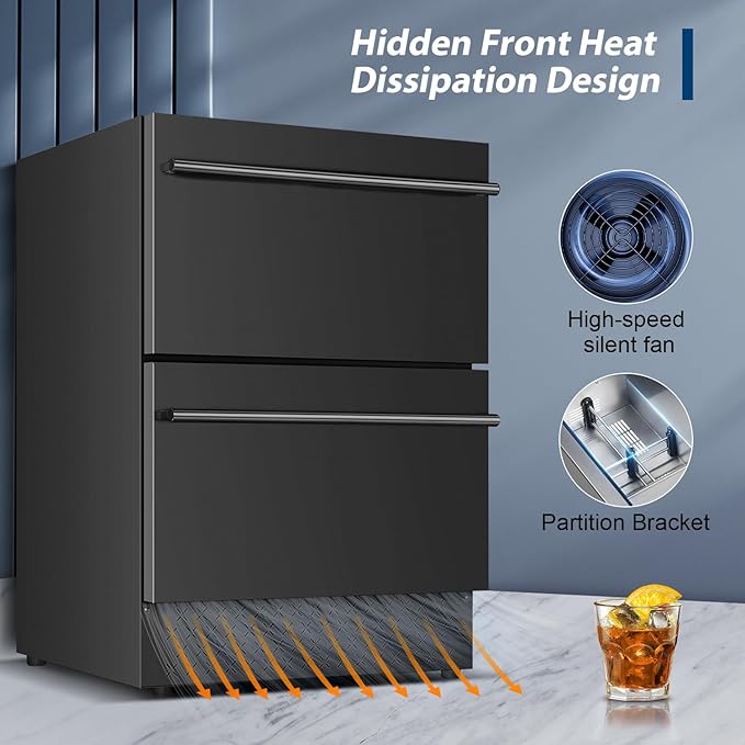 Tylza Under Counter Drawer Fridge 24 Inch, Built-in/Freestanding Beverage Refrigerator for Home and Commercial Use, Stainless Steel Material, Fast Cooling, Low Noise, Black