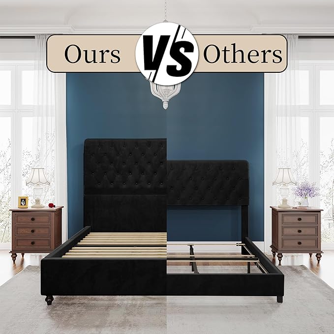 PaPaJet King Bed Frame Upholstered Platform Bed Frame with 52.8'' Tall Sleigh Headboard, Button Tufted, No Box Spring Needed, Easy Assembly, Black