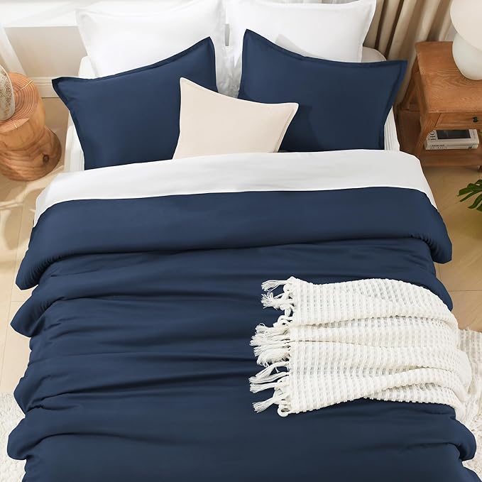 Litanika Navy Blue Comforters Oversized Queen Size, 3 Pieces Lightweight Solid Bedding Comforter Set, All Season Fluffy Bed Set (98x98In Comforter & 2 Pillowcases)