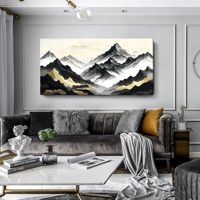 amatop Oversized Wall Art for Living Room Modern Extra Large Abstract Inspirational Mountain Black Gold Canvas Print Landscape Artwork Zen Scenery Picture for Bedroom Office Horizontal Decor 58x29 Inch